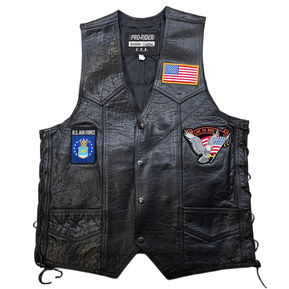 Pro Rider Leather Motorcycle‎ Vest Mens Medium 40 Black USA Patches Laced VTG